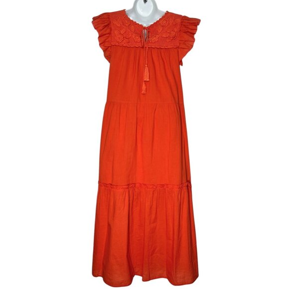 St Roche Kite Dress Tiered Crochet Detail Midi Orange Organic Cotton Size 4 - Picture 9 of 15